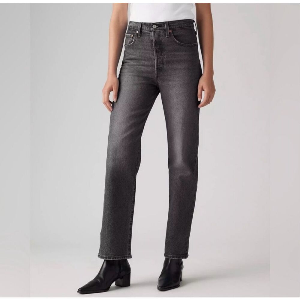 Levi’s Ribcage Straight Ankle Denim Jeans Gray Black Women’s W28 L27 Button Fly